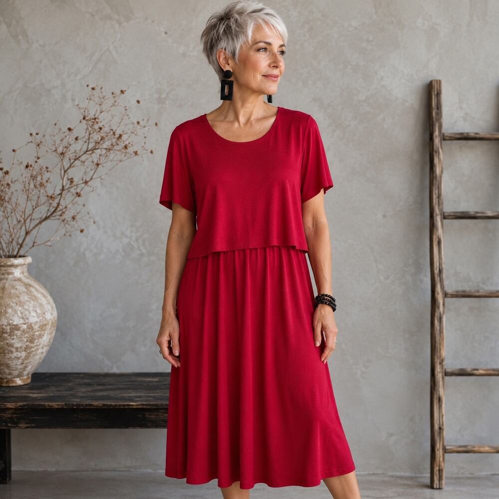 J Jill Red Knit Short Sleeve Double layer Midi Dress Medium